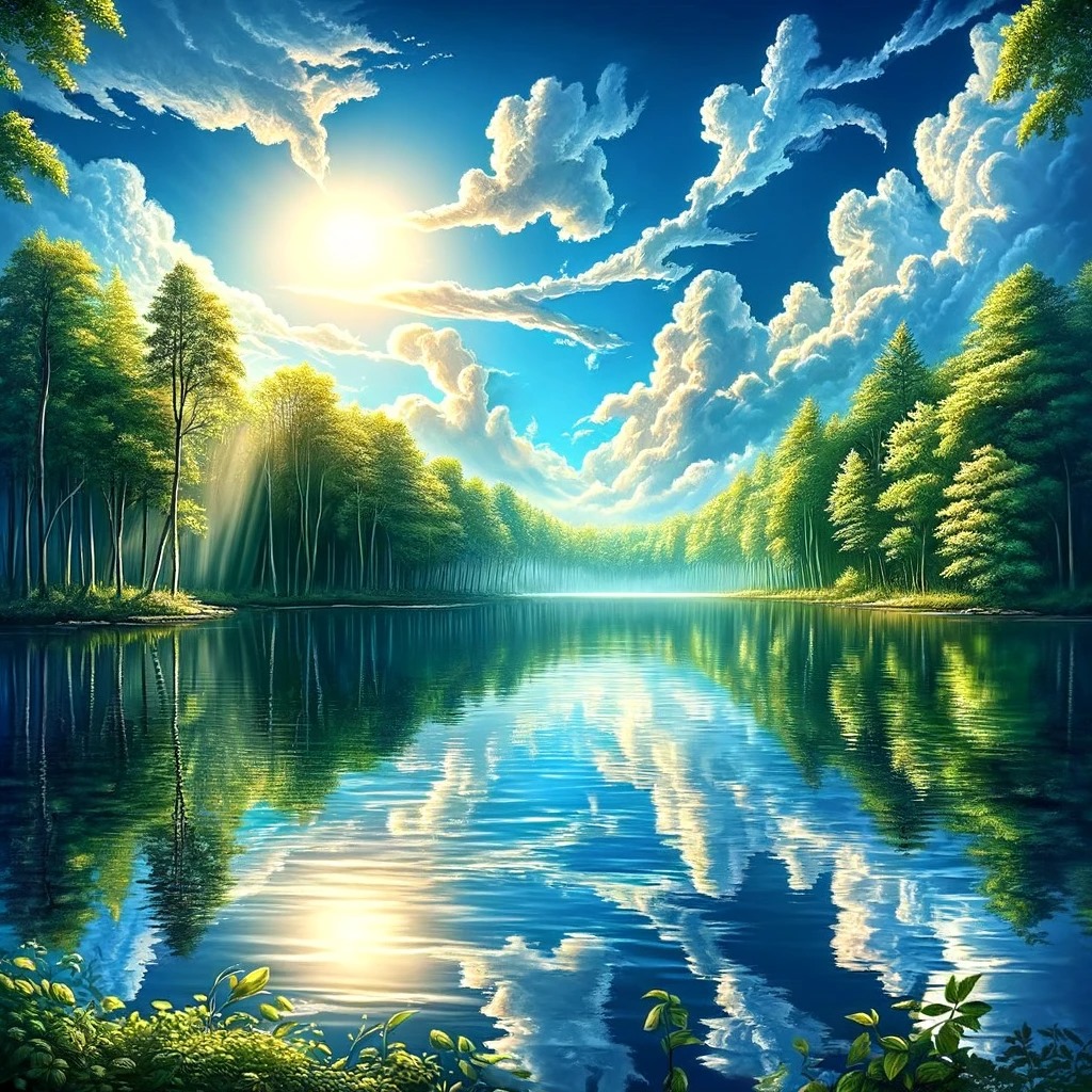 The Heaven Games logo: Serene lake with sunbeams piercing through a forest, reflecting on still water under a blue sky with fluffy clouds.